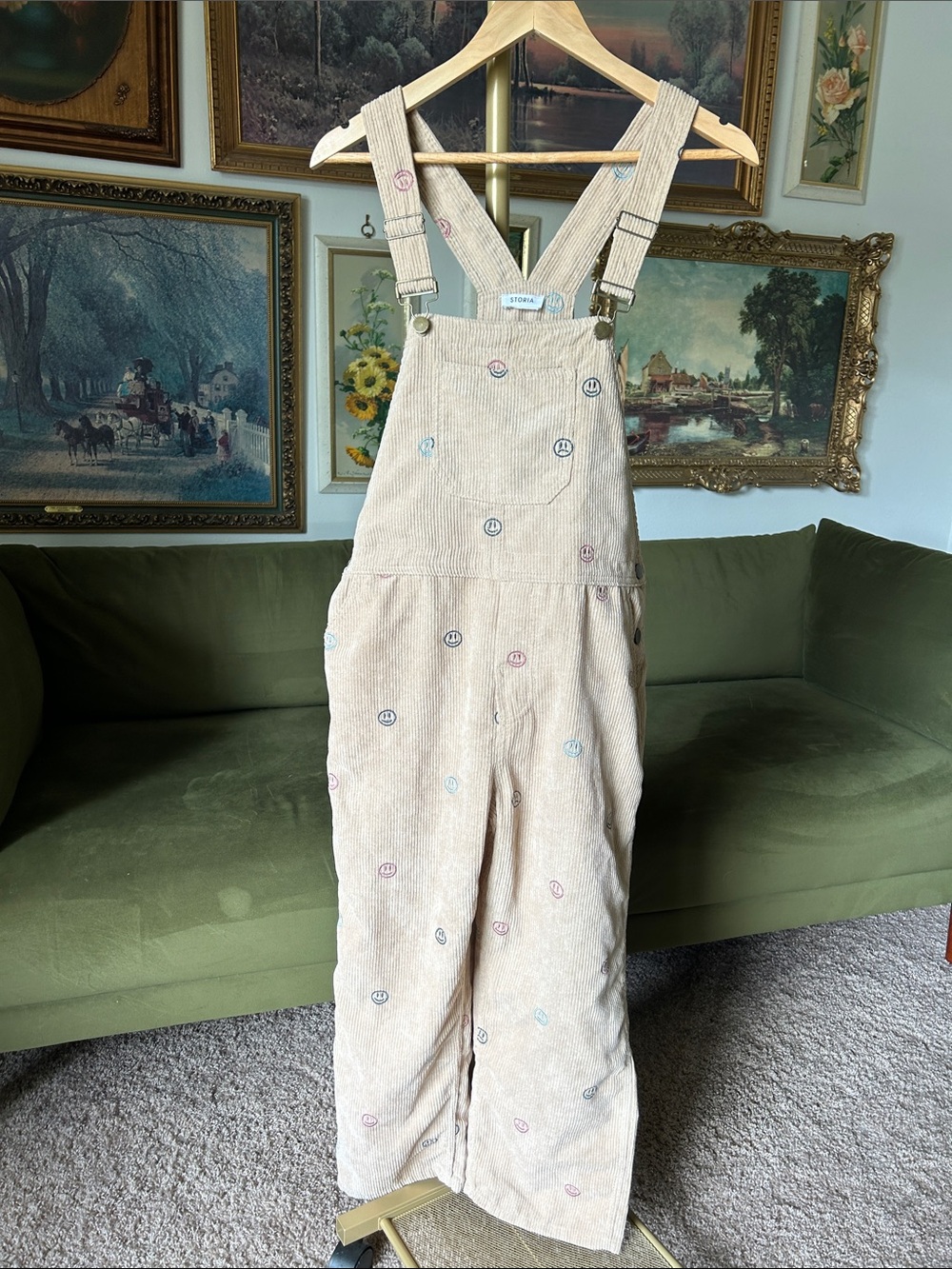 Storia Beige Corduroy Embroidered Smiley Overalls